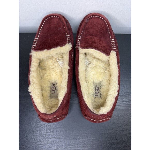 Women's 6 M Ugg Ansley 3312 Burgundy Suede Leather Slippers Moccasins Fur Lined - Picture 8 of 16